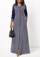ROTITA Long Sleeve White Pocket Striped Maxi Dress