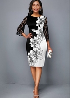 ROTITA Mesh Panel Round Neck Floral Print Dress