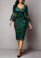 ROTITA Mesh Stitching Flare Sleeve Hot Stamping Dress