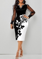 ROTITA Mesh Stitching Floral Print Black Dress