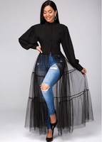 ROTITA Mesh Stitching Lantern Sleeve Plus Size Blouse