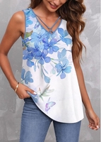 ROTITA Metal Ring Floral Print Blue Tank Top