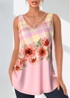 ROTITA Metal Ring Sunflower Print Light Pink Tank Top