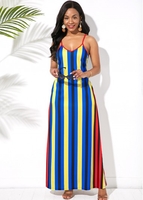 ROTITA Multi Stripe Side Pocket Spaghetti Strap Maxi Dress