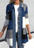 ROTITA Patchwork Geometric Print Denim Blue Shirt Collar Coat
