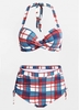 Rotita Plaid Print High Waisted Swimsuit Plaid Print Drawstring Side High Waisted Bikini Set - XL