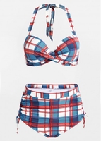 Rotita Plaid Print High Waisted Swimsuit Plaid Print Drawstring Side High Waisted Bikini Set - XL