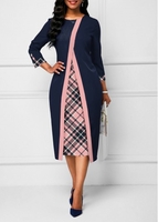 ROTITA Plus Size 3/4 Sleeve Navy Faux Two Piece Plaid Dress