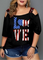 ROTITA Plus Size Black American Flag Print Sequin T Shirt