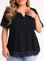 ROTITA Plus Size Black Lace Patchwork Blouse