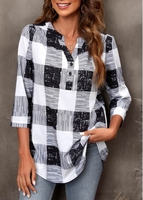 ROTITA Plus Size Black Plaid Split Neck Blouse