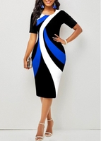 ROTITA Plus Size Black Round Neck Contrast Short Sleeve Dress