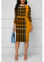 ROTITA Plus Size Button Ginger Plaid Round Neck Bodycon Dress