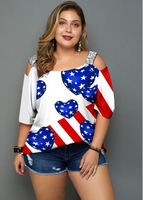 ROTITA Plus Size Cold Shoulder American Flag Print T Shirt