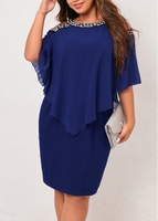 ROTITA Plus Size Cold Shoulder Chiffon Cape Navy Blue Dress