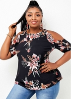 ROTITA Plus Size Cold Shoulder Floral Print Blouse