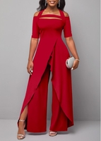 ROTITA Plus Size Cold Shoulder Short Sleeve Red Jumpsuit