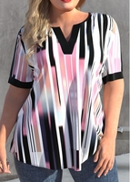 ROTITA Plus Size Color Block Geometric Print T Shirt