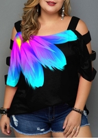 ROTITA Plus Size Colorful Floral Print Ladder Cutout T Shirt