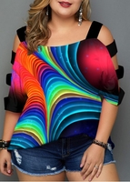 ROTITA Plus Size Colorful Printed Ladder Cutout T Shirt