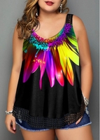 ROTITA Plus Size Colorful Sunflower Print Tank Top