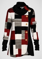 ROTITA Plus Size Decorative Button Geometric Print Tunic Top