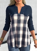 ROTITA Plus Size Denim Blue Tartan Print Blouse