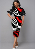 ROTITA Plus Size Double Ruffle Sleeve Contrast Dress