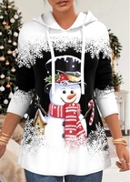 ROTITA Plus Size Drawstring Christmas Snowman Print Black Hoodie