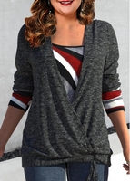 ROTITA Plus Size Drawstring Geometric Print Dark Grey T Shirt