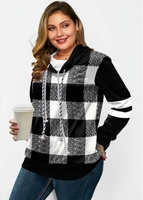 ROTITA Plus Size Drawstring Long Sleeve Plaid Sweatshirt