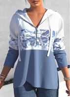 ROTITA Plus Size Dusty Blue Floral Print Hooded Hoodie
