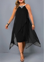 ROTITA Plus Size Embellished Neck Asymmetric Hem Chiffon Dress