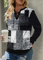 ROTITA Plus Size Eyelet Plaid Black Lace Up Collar Sweatshirt