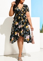 ROTITA Plus Size Floral Print Belted Black V Neck Dress