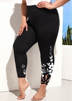 ROTITA Plus Size Floral Print Black Petal Cutout Leggings