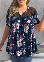 ROTITA Plus Size Floral Print Blue Split Neck T Shirt