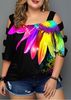 ROTITA Plus Size Floral Print Colorful T Shirt