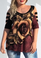 ROTITA Plus Size Floral Print Ladder Cutout T Shirt