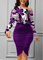ROTITA Plus Size Floral Print Purple Bodycon Dress