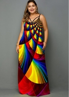 ROTITA Plus Size Geometric Print Rainbow Color Maxi Dress