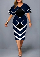 ROTITA Plus Size Geometric Print Short Sleeve Dress