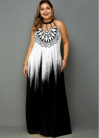 ROTITA Plus Size Gradient Tribal Print Maxi Dress