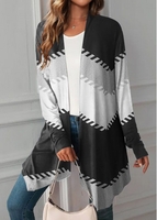 ROTITA Plus Size Handkerchief Hem Black Geometric Print Cardigan