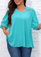 ROTITA Plus Size Lace Patchwork Cyan Blouse