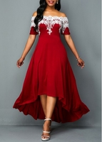 ROTITA Plus Size Lace Stitching Off Shoulder High Low Dress