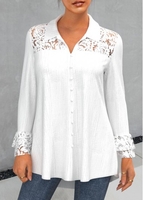 ROTITA Plus Size Lace Stitching Turndown Collar White Blouse