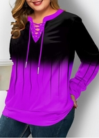 ROTITA Plus Size Lace Up Ombre Long Sleeve Sweatshirt