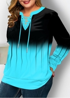 ROTITA Plus Size Lace Up Ombre Print Long Sleeve Sweatshirt