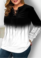 ROTITA Plus Size Lace Up Ombre Print Long Sleeve Sweatshirt